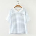 Peter Pan Collar Striped Short-sleeve T-shirt With Brooch