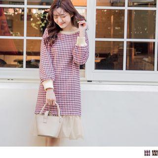 Mesh Panel Houndstooth Long Sleeve Dress