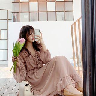 Balloon-sleeve Ruffled Long Chiffon Dress