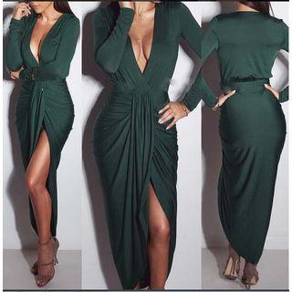 Long-sleeved Shirred V-neck Sheath Dress