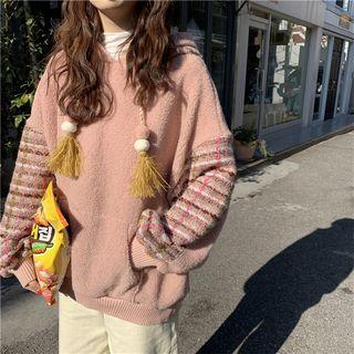 Tweed Panel Faux Shearling Hoodie