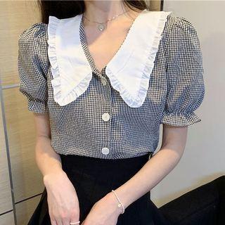 Puff Short-sleeve Peter-pan Collar Plain Panel Plaid Top
