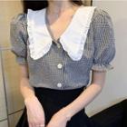 Puff Short-sleeve Peter-pan Collar Plain Panel Plaid Top