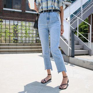 Cutout-hem Washed Loose-fit Jeans
