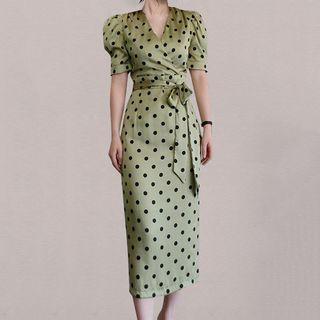 Short-sleeve V-neck Dotted Tie-waist Midi Sheath Dress