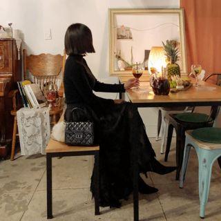 Set: Mock-neck Top + Band-waist Fringed Long Skirt Black - One Size