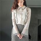 Contrast-trim Ruffled Sheer Lace Blouse