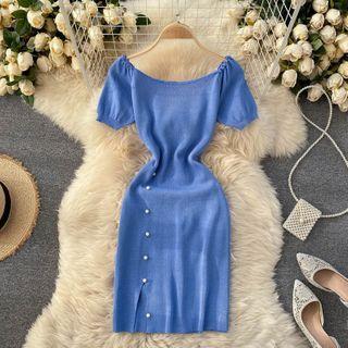 Short-sleeve Off-shoulder Knit Mini Sheath Dress