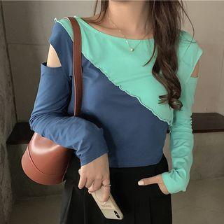 Long-sleeve Cold Shoulder Color Block T-shirt
