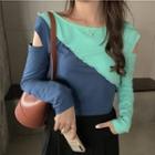Long-sleeve Cold Shoulder Color Block T-shirt