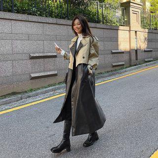 Set: Belted Trench Jacket + Sleeveless Faux-leather Long Coat