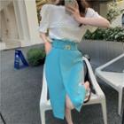 Short-sleeve Cutout Blouse / High Waist Split Midi Skirt