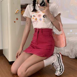 Plain Mini Skirt / Short-sleeve Print T-shirt / Tied Crop Top