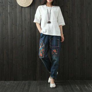 Floral Applique Washed Jeans