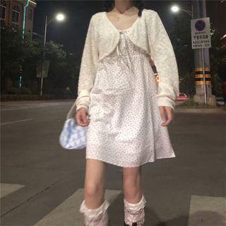 Long-sleeve Knit Jacket / Floral Spaghetti Strap Dress