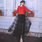 Set: V-neck Knit Top + Sheer Maxi Skirt