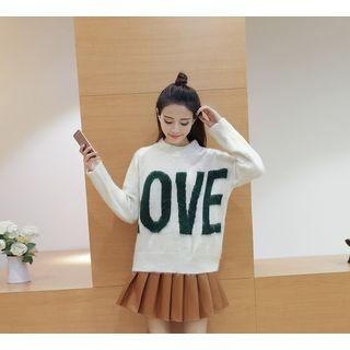 Set: Lettering Long Sweater + Faux Leather Pleated Skirt