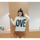 Set: Lettering Long Sweater + Faux Leather Pleated Skirt
