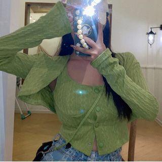 Set: Knit Camisole Top + Crop Cardigan Set Of 2 - Camisole Top & Cardigan - Green - One Size