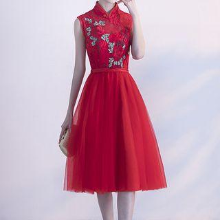 Cheongsam Collar Sleeveless Embroidered Chiffon Cocktail Dress