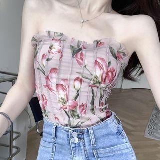 Ruffle Trim Floral Tube Top