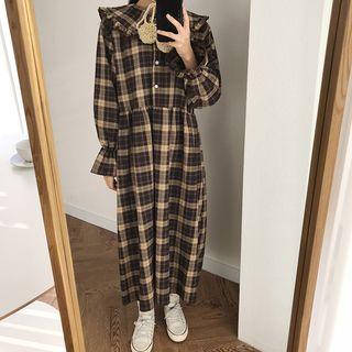 Collared Plaid Midi Shirt Dress Dress - Plaid - Brown - One Size
