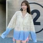 Long-sleeve Gradient Perforated Oversized Shirt Gradient Blue - One Size