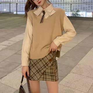 Set: Long-sleeve Shirt / Sweater Vest / Plaid Mini A-line Skirt