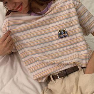 Short Sleeve Stripe Embroidered T-shirt