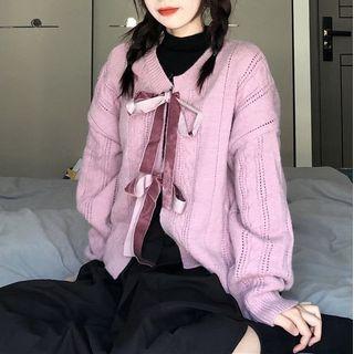 Bow Accent Pointelle Knit Cardigan / Mock-neck Shift Dress