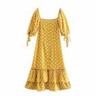 Elbow-sleeve Dotted Layered Midi A-line Dress