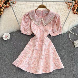 Puff-sleeve Collared Faux Pearl Mini A-line Dress