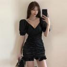 Off-shoulder Frill-trim Shirred Minidress