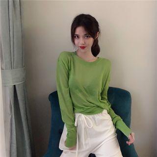 Plain Long-sleeve Top Green - One Size