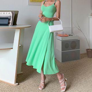 Spaghetti Strap Slit-hem Knit Midi A-line Dress