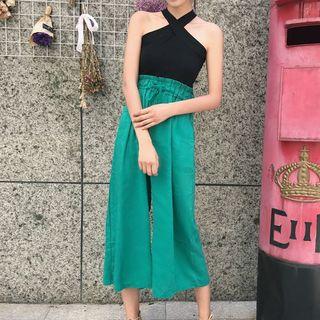 Set: Plain Halter Tank Top + Plain Wide Leg Pants