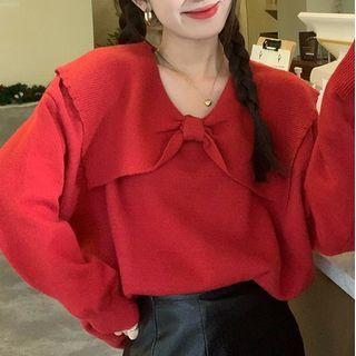 Wide-collar Bow Sweater Red - One Size