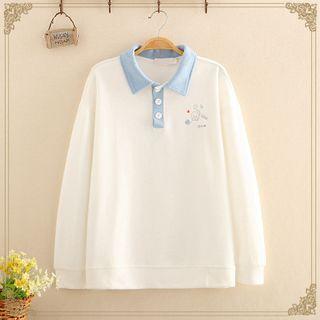 Lapel Cat Printed Color-block Pullover
