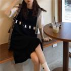 Elbow-sleeve Mock Two-piece Lettering T-shirt Dress Black - One Size