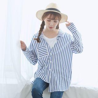 Long Sleeve Mock Two Piece T-shirt Panel Striped Shirt