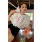 Puff Short-sleeve Flower Embroidered Lace Top White - One Size