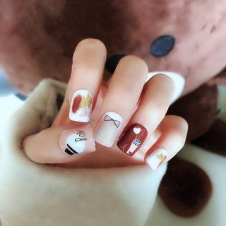 Cartoon Print Faux Nail Tips L1 - Glue - Red & White - One Size