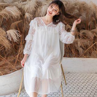 Lace Panel Long-sleeve Midi Mesh Sleep Dress