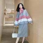 Fleece-lined Color Block Pullover + Neck Warmer / Plain Midi Skirt