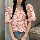 Puff-sleeve Collar Floral Blouse Pink & Orange - One Size