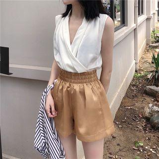 Sleeveless Wrap Blouse / Elastic Waist Shorts