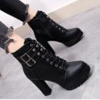 Buckled Lace-up High Heel Short Boots