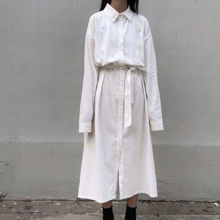 Long-sleeve Plain Split Shirt Dress
