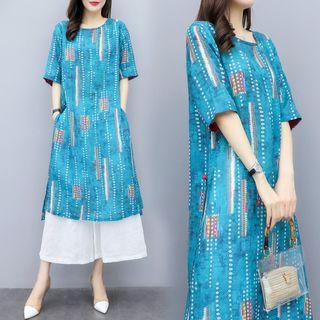 Set: Short-sleeve Print Dress + Wide-leg Pants