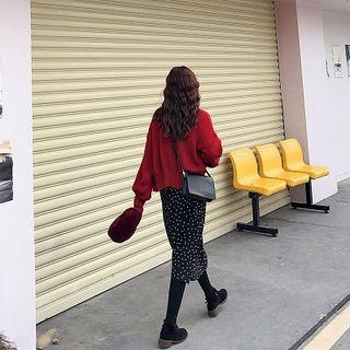 Set: Long-sleeve Dotted Midi A-line Dress + Cardigan